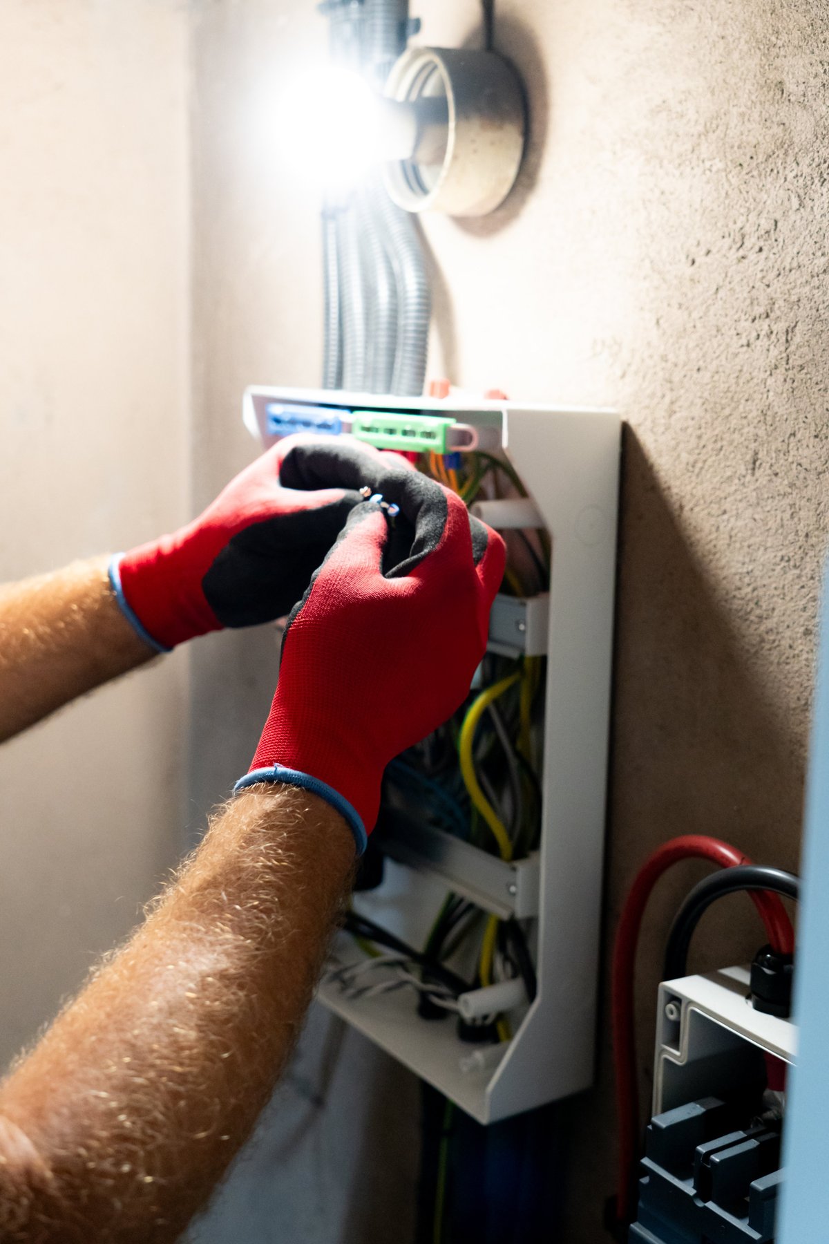 Electrician performing maintenance inside an electrical panel