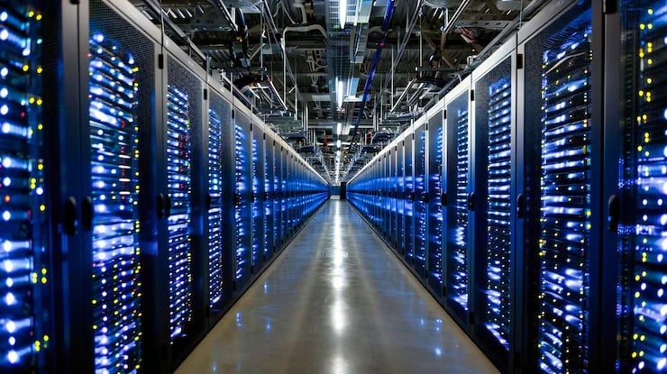 Long corridor in a data center with illuminated server racks on both sides, blue LED lights glowing